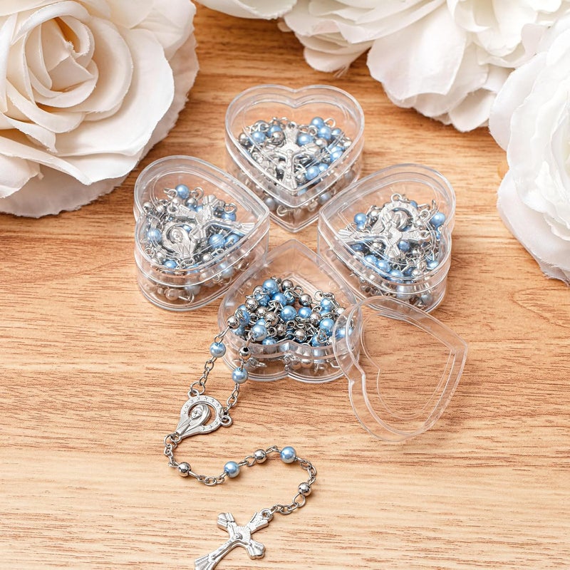 ROCEEI Store Catholic Rosary Necklace 4 mm Glass Beads Rosary Favors Crucifix Prayer with Faux Pearl with Heart Shaped Box and Organza Bag for First Communion Baptism - Image 3